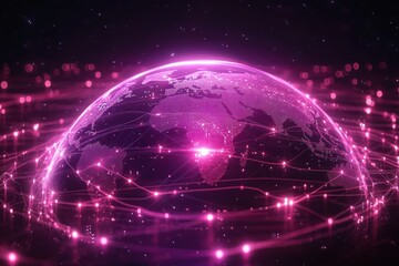 Glowing digital globe with interconnected points and network lines representing global connectivity and data exchange in vibrant pink and purple tones