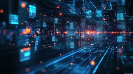 Futuristic digital data stream with glowing blue and orange light grids and floating rectangular blocks creating a sense of high-tech depth and motion