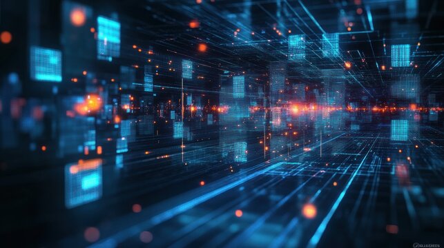 Futuristic digital data stream with glowing blue and orange light grids and floating rectangular blocks creating a sense of high-tech depth and motion