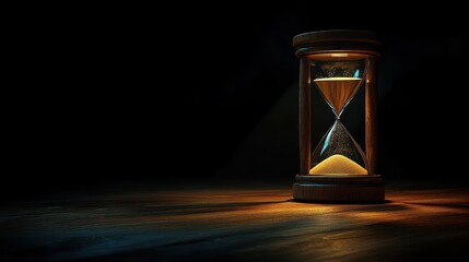 Wooden hourglass with flowing golden sand illuminated on a dark wooden surface creating a dramatic and contemplative atmosphere