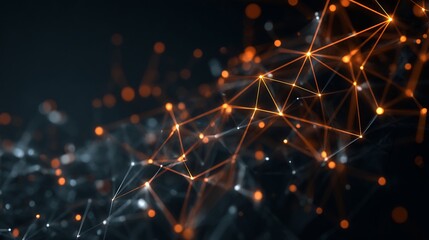 Abstract technology background with glowing orange data network connections. Digital communication, artificial intelligence, and big data concept.