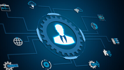 Human figure integrated into digital gear system representing technology-driven connectivity, AI, cloud, and smart business innovation