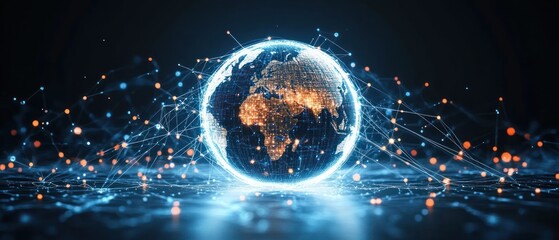 Digital representation of Earth with illuminated continents connected by glowing network lines and nodes on a dark background, symbolizing global connectivity and technology