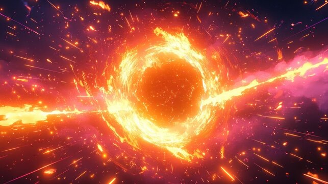Bright fiery explosion with intense glowing sparks and radiant circular core emitting streams of light and energy in dark cosmic space