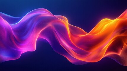 Vibrant flowing waves of translucent fabric-like texture in bright purple, pink, and orange hues against a dark blue background, creating a dynamic and energetic abstract scene