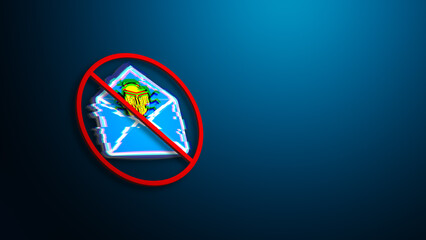 Glitched email with bug icon and red ban symbol representing blocked messages, spam warning, malware threat, cybersecurity and digital risk