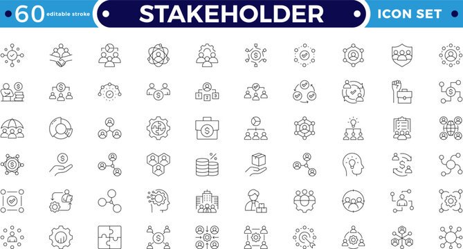 Stakeholder outline icon set featuring teamwork, leadership, communication, and partnership. Perfect for corporate design, collaboration, management, and human resource. Editable stroke outline icon. 