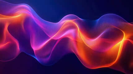 Flowing translucent waves of vibrant purple, pink, and orange light forming smooth, glowing abstract shapes on a dark blue background