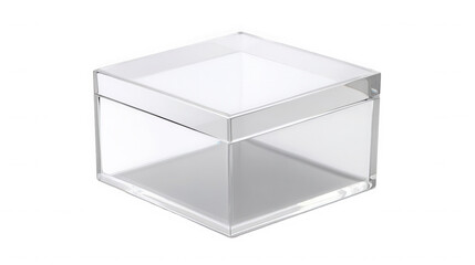 A clear square acrylic box with a lid on  in a studio shot with soft lighting on transparent background