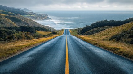 Empty coastal road leading through hilly green landscape towards ocean under cloudy sky creating a calm and open atmosphere