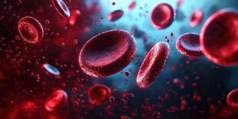 Close-up view of red blood cells floating through a liquid environment with a detailed and textured surface under bright blue and red lighting