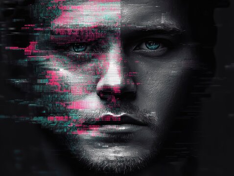 Close-up of a man's face with a digital glitch effect blending vibrant pink and cyan pixels, evoking a futuristic and technological mood - Powered by Adobe
