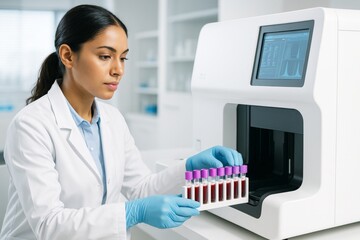 Female scientist in lab coat analyzing blood samples using modern analyzer in bright clinical laboratory background, symbolizing medical science concept. Ai generative