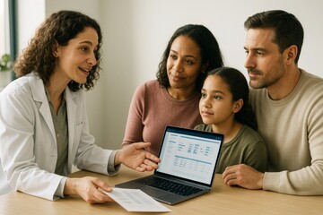 Female doctor explaining medical charts to a family using a laptop in a bright consultation room with natural light and a scientific background concept. Ai generative