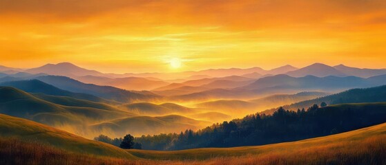 Sunset over rolling hills and distant mountains with glowing golden light and mist in a peaceful natural landscape