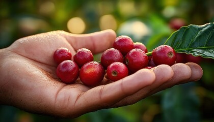 Close-up of a hand holding ripe red coffee cherries with green leaves in the background, showcasing fresh harvest and natural texture