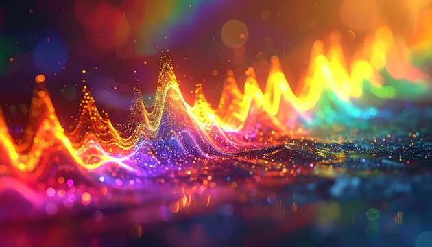 Abstract waveform displaying vibrant, colorful light waves and bokeh