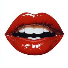 Fototapeta premium close-up of glossy red lips slightly parted revealing white teeth on white background