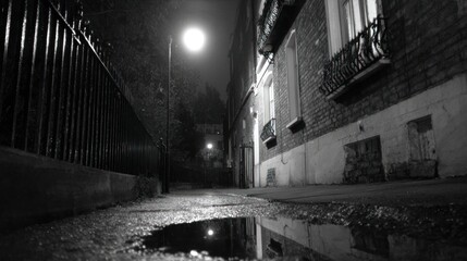 Moody black and white image of a rain-soaked street at night, lit by a street lamp