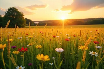 Golden Hour Wildflower Meadow Tranquil Summer Landscape of Gently Swaying Grasses and Serene Clouds at Horizon