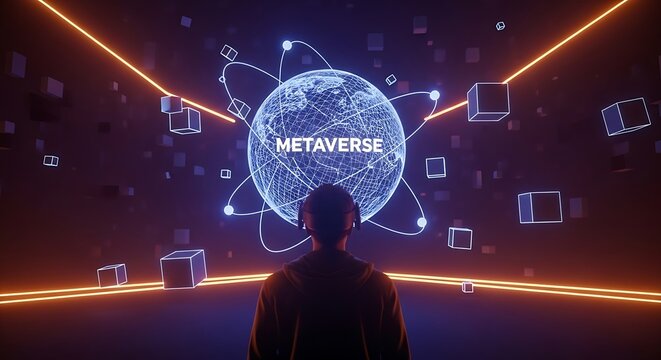 A person looks at a digital globe with the word "Metaverse" surrounded by floating cubes and neon lines. - Powered by Adobe