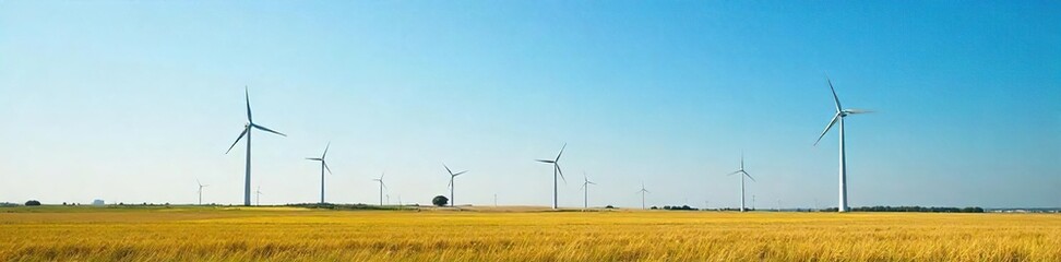 Majestic Wind Turbines Gracefully Turning in a Vast Open Field Under a Vibrant Blue Sky, a Picturesque Scene of Clean Renewable Energy and Environmental Sustainability