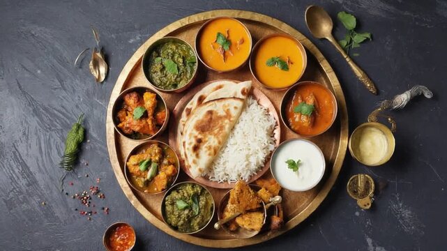 Overhead view of indian thali with rice naan curries and condiments on a golden tray surface dark background