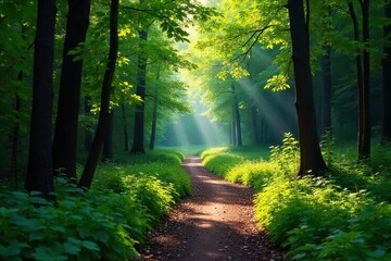 Sun-Dappled Forest Path A Winding Trail Beckons Adventurous Souls Seeking Solitude and Escape into Natures Embrace