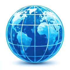 Stylized blue globe of Earth with continents and grid lines representing latitude and longitude on a white background