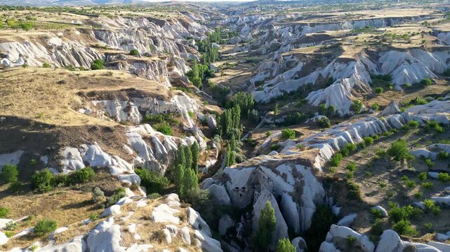 Cappadocia, Turkey: Aerial drone footage of valley in Ortahisar in Cappadocia, Turkey. Showing the unique rock formation on sunny day