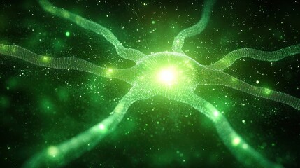 glowing green neuron with extended dendrites and bright central core in a digital space environment