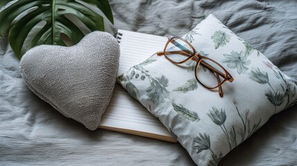 Cozy scene of a heart pillow, glasses, book, and cushion on a rumpled gray sheet