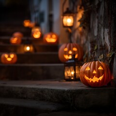Fototapeta premium Glowing Jack-O'-Lanterns Displayed on Outdoor Steps in the Evening
