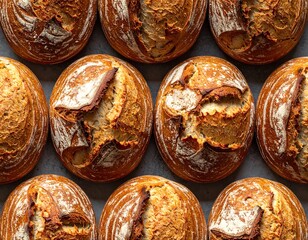 Overhead close-up of freshly baked loaves, golden crusts, textured