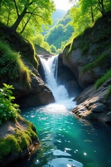 Crystal-Clear Cascade Sunlight Dapples Lush Green Hillside Waterfall, Tranquil Nature Scene Perfect for Travel and Documentary Use