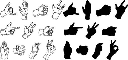 Collection of various hand gestures shown as both detailed line art and simple black silhouettes on a white background.