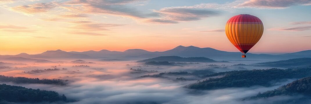 Colorful hot air balloon floating peacefully over misty forested hills during a serene sunrise with soft clouds and distant mountain silhouettes