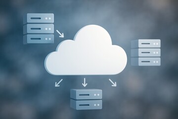 Cloud data storage concept showing white cloud icon with connected server stacks and arrows on a blurry blue technology background. Ai generative