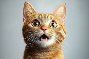 Fototapeta premium Close-up of an astonished orange tabby cat with wide eyes and slightly open mouth showing small fangs against a plain light gray background