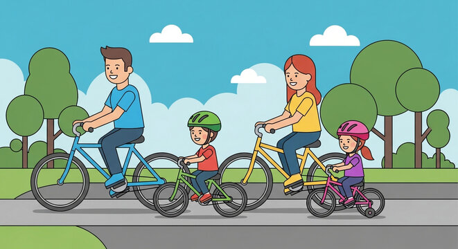 A happy family enjoys a bike ride together in the park, promoting health, fitness, and quality time in a fun and active way - Powered by Adobe