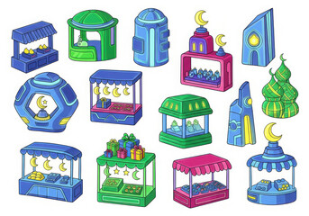 Fototapeta premium Collection of colorful miniature buildings and stalls with islamic architectural elements