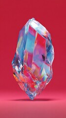 Abstract Iridescent Crystal Gemstone with Colorful Facets on Red Background