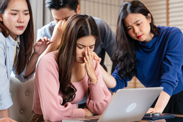 Stressed  team thinking of problem solution at office meeting room , sad business people group shocked by bad news, upset colleagues in panic after company bankruptcy lay off concept.