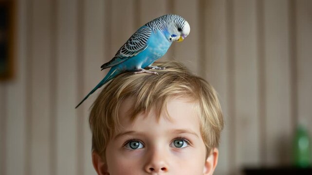 Cute blue budgie bird perched on a young boys head