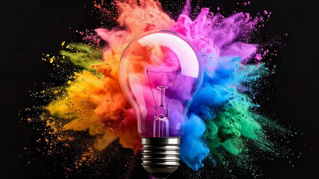 A lightbulb centered with a vibrant explosion of multicolored powder