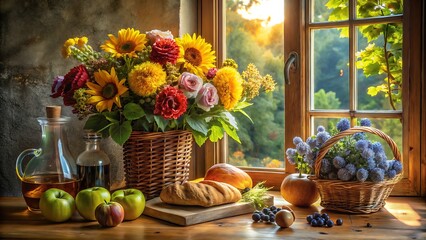 Abundant harvest still life with sunflowers apples bread and wine by a sunlit window