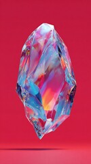 Colorful Abstract Geometric Crystal with Iridescent Light Refractions Floating on a Red Background