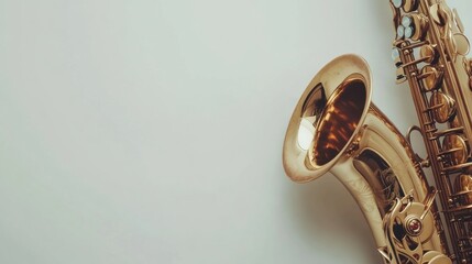 A vintage saxophone with gold finish, leaving space for text on the right side, on a white surface