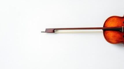 A violin bow with smooth wood, leaving space for text on the right, against a bright white surface