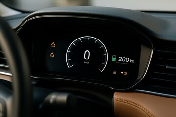 Modern electric vehicle dashboard showing speedometer and battery range with warning lights on sleek black background in interior close-up view. Ai generative